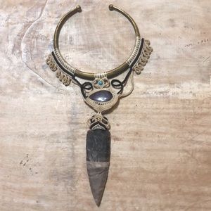 Handmade brass collar necklace macrame dagger arrowhead spearhead amethyst